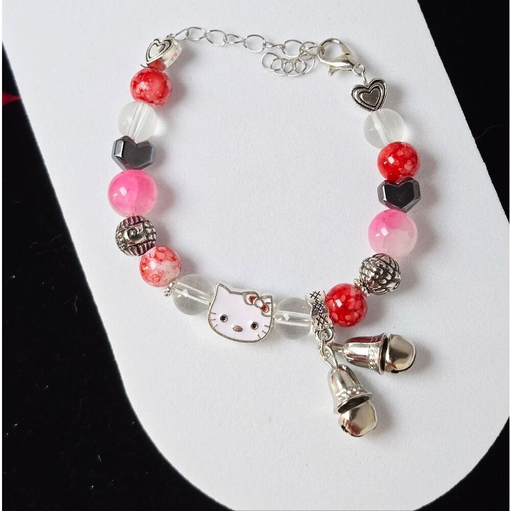 Hello Kitty Beaded Bracelet Pink Marble Resin Hematite Heart Bell Charm Kawaii